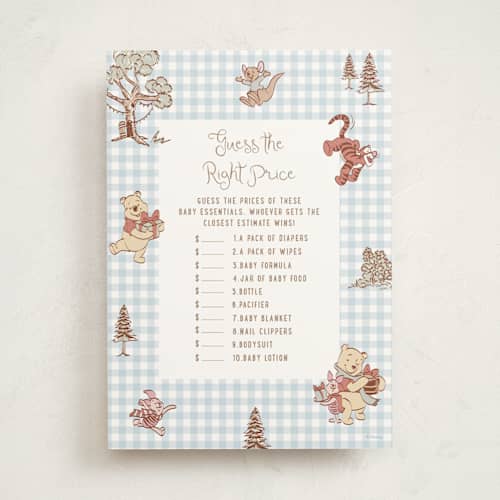 This is a sky baby shower game activity cards with standard by Teju Reval called disney's winter pooh printing on signature in standard