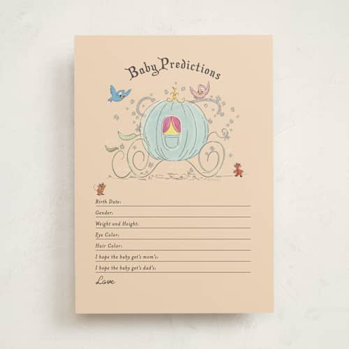 This is a peach baby shower game activity cards with standard by Becky Nimoy called disney's cinderella pumpkin patch printing on signature in standard
