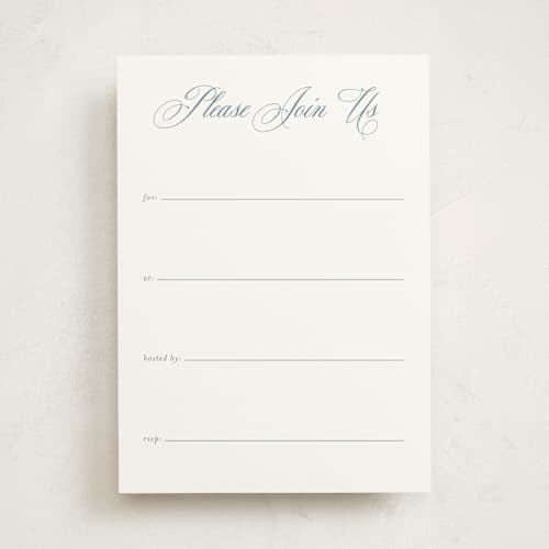 This is a dusty blue blank hosting stationery with standard by Jennifer Postorino called empire printing on signature in standard