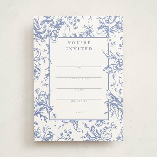 This is a blueberry blank hosting stationery with standard by Teju Reval called dreamy toile printing on signature in standard
