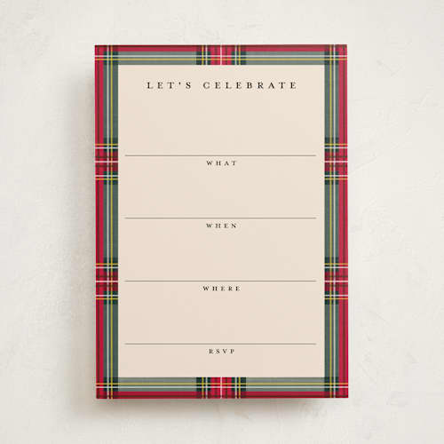 This is a classic blank hosting stationery with standard by Olivia Kanaley Inman called highland holiday printing on signature in standard