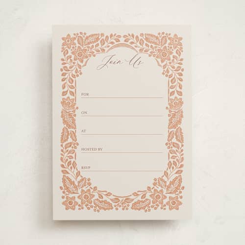 This is a peach fuzz blank hosting stationery with standard by Jen Owens called embroidered printing on signature in standard