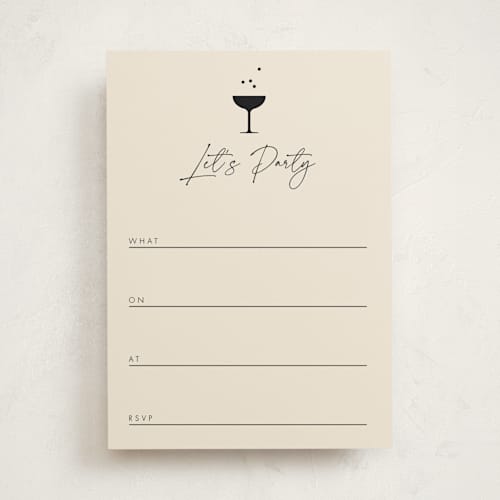 This is a champagne blank hosting stationery with standard by mo kelley called a little shindig printing on signature in standard