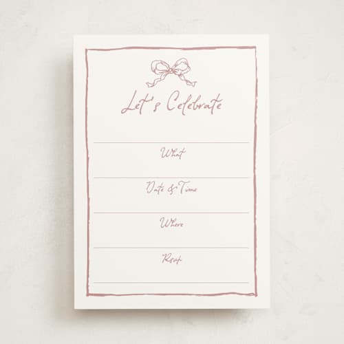 This is a dusty pink blank hosting stationery with standard by Cass Loh called ribbon bow drawing printing on signature in standard