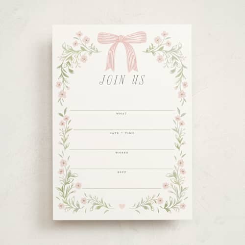 This is a blush blank hosting stationery with standard by Paper Raven Co. called dainty garden printing on signature in standard