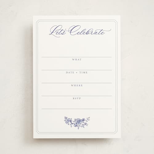 This is a dusty blue blank hosting stationery with standard by Cass Loh called watercolor flowers crest printing on signature in standard