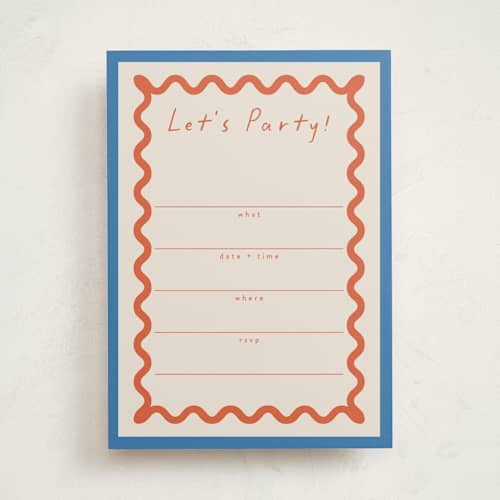This is a papaya blank hosting stationery with standard by Blustery August called party squiggle printing on signature in standard