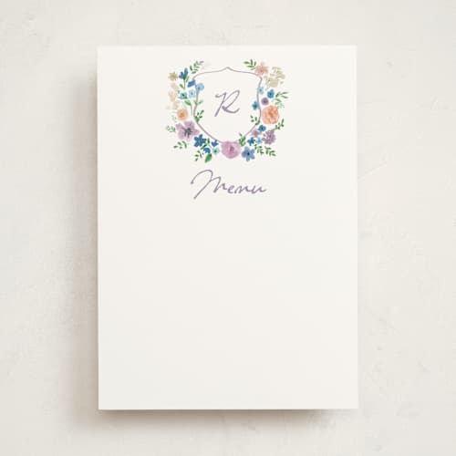 This is a lavender blank hosting stationery with standard by Cass Loh called wildflowers crest printing on signature in standard