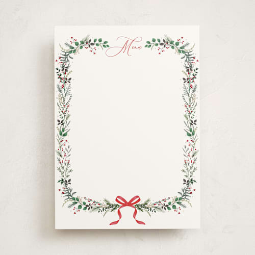This is a crimson blank hosting stationery with standard by Susan Moyal called festive vine printing on signature in standard