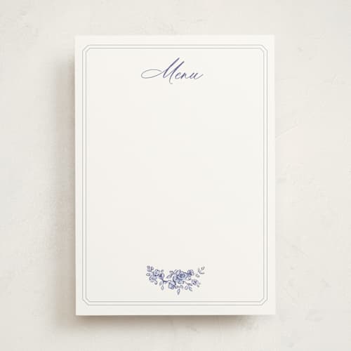 This is a dusty blue blank hosting stationery with standard by Cass Loh called watercolor flowers crest printing on signature in standard