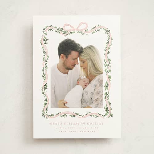 This is a blush birth announcements with standard by Itsy Belle Studio called ribbonly frame printing on doublethick in photo_mount