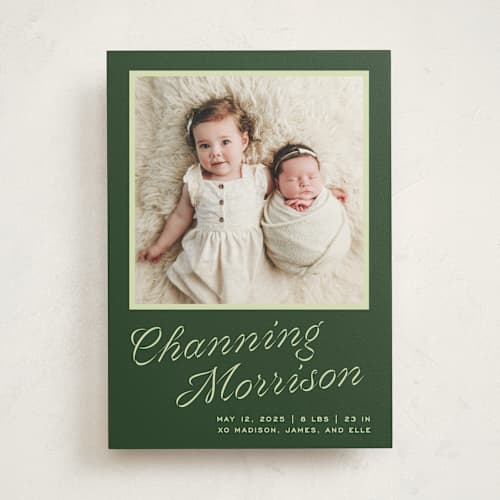 This is a evergreen birth announcements with standard by Megan Davis called cotillion printing on doublethick in photo_mount