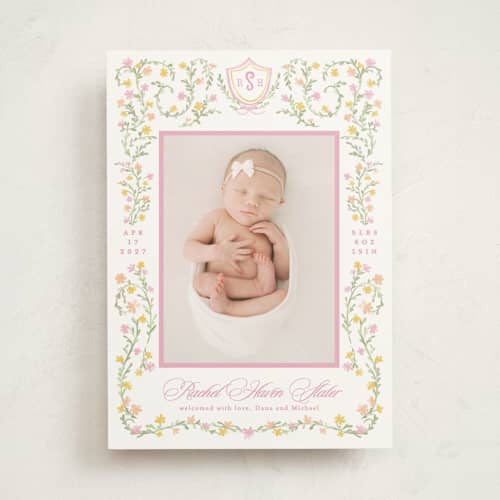 This is a cotton candy birth announcements with standard by Creo Study called cottagecore printing on doublethick in photo_mount