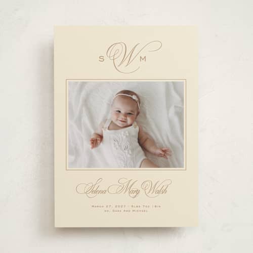 This is a tumbleweed birth announcements with standard by Creo Study called scripted elegance printing on doublethick in photo_mount