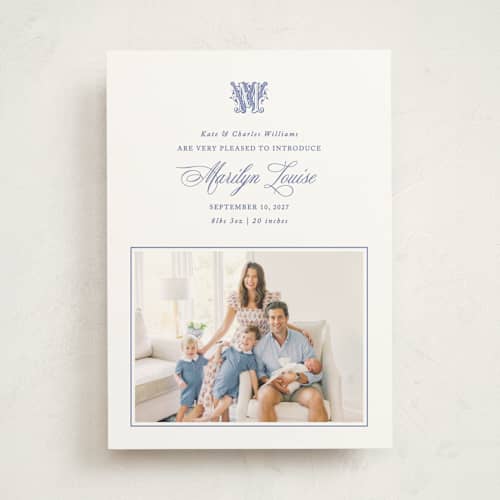 This is a royal blue birth announcements with standard by Erin L. Wilson called baby's first monogram printing on doublethick in photo_mount