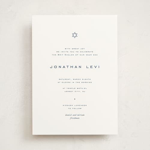 This is a navy bris baby naming invitations with standard by Blustery August called celebrate printing on signature in standard