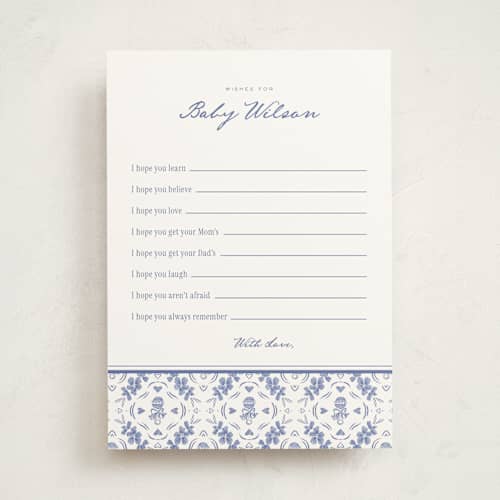 This is a bluebell baby shower game activity cards with standard by Leah Bisch called rattle pattern printing on signature in standard