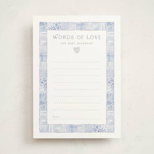 This is a blueberry baby shower game activity cards with standard by frau brandt called soft quilt printing on signature in standard