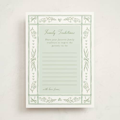 This is a lilypad baby shower game activity cards with standard by Leah Bisch called lily printing on signature in standard