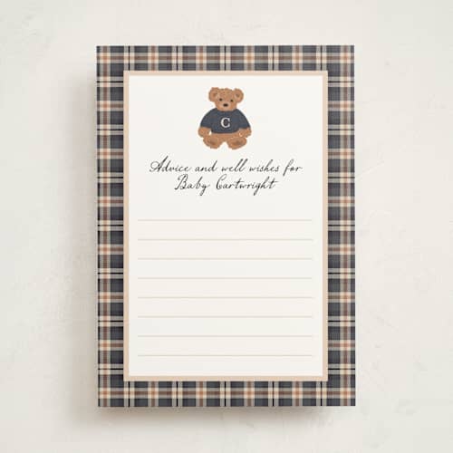 This is a navy baby shower game activity cards with standard by Erin German called teddy bear monogram printing on signature in standard