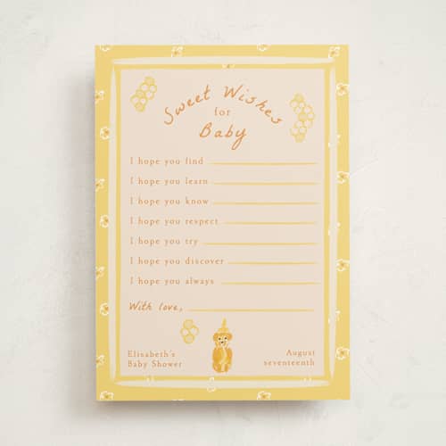 This is a honey baby shower game activity cards with standard by Sarah Rosenthal called honeybear printing on signature in standard