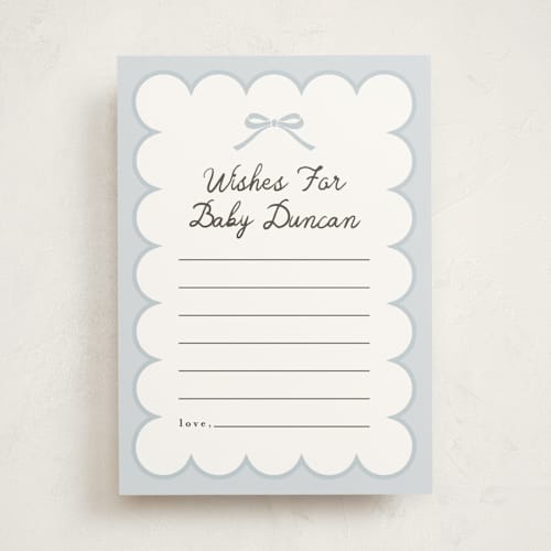 This is a sky baby shower game activity cards with standard by Maria Alou called scallop & little bow printing on signature in standard