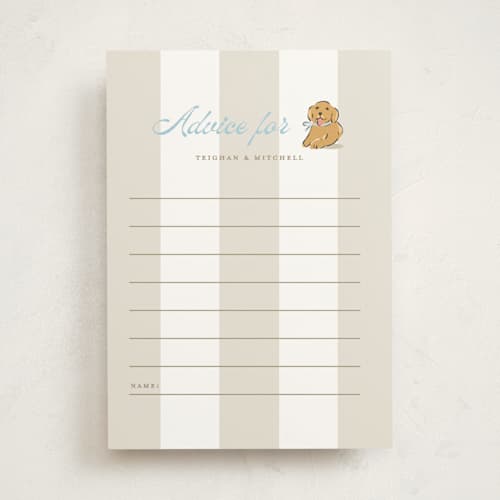 This is a bluebird baby shower activity cards with standard by Susan Zinader called preppy pup printing on signature in standard