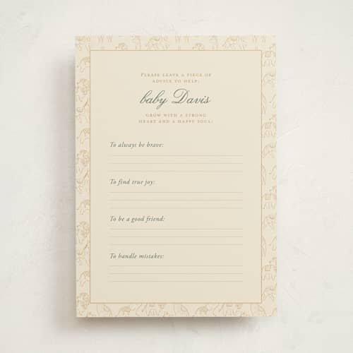 This is a vanilla baby shower game activity cards with standard by Sabrin Deirani called carousel of sweet beginnings printing on signature in standard