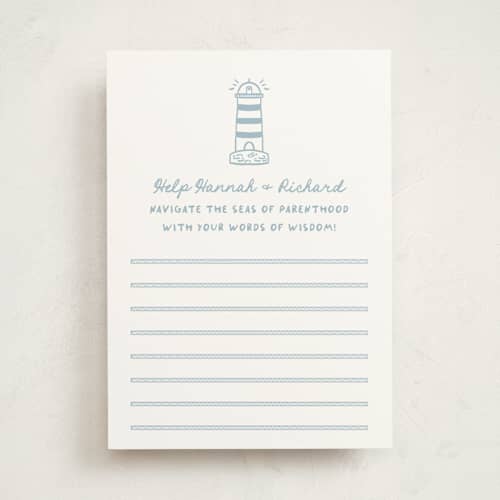This is a powder blue baby shower activity cards with standard by Claudia Orengo called nautical celebration printing on signature in standard