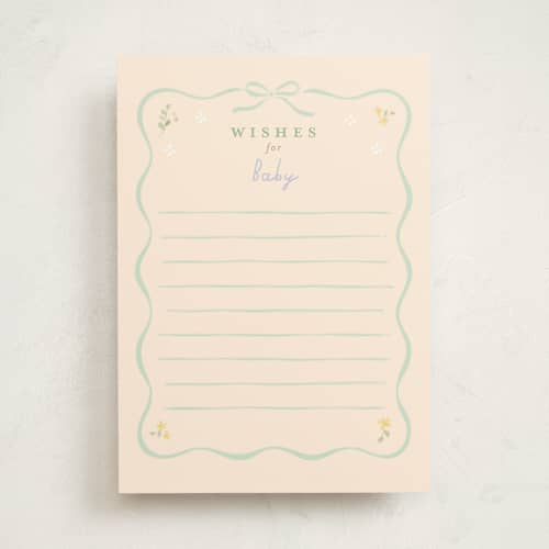This is a seafoam baby shower game activity cards with standard by Jennifer Wick called petite corners printing on signature in standard