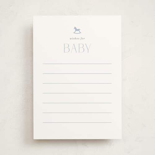 This is a baby blue baby shower activity cards with standard by Olivia Raufman called gingham rockinghorse printing on signature in standard