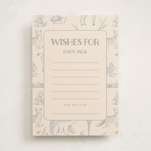 This is a bamboo baby shower activity cards with standard by Teju Reval called forest toile printing on signature in standard