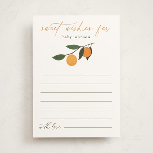 This is a clementine baby shower activity cards with standard by Stacey Meacham called little cutie printing on signature in standard