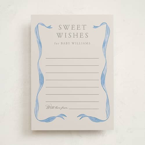 This is a baby blues baby shower game activity cards with standard by Lehan Veenker called vintage bow printing on signature in standard