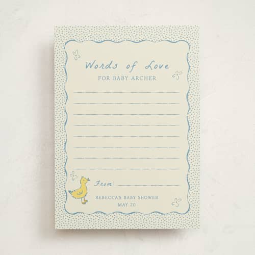 This is a robin’s egg baby shower game activity cards with standard by Sarah Rosenthal called sweet peeps printing on signature in standard