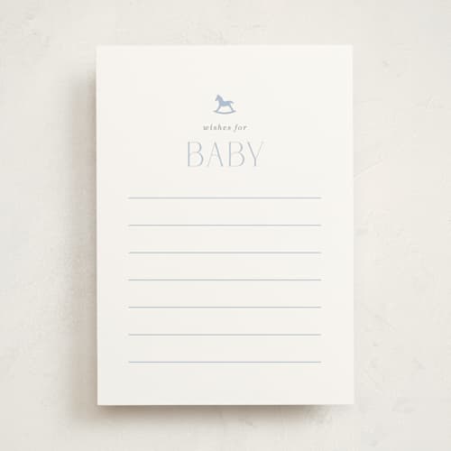 This is a baby blue baby shower game activity cards with standard by Olivia Raufman called gingham rockinghorse printing on signature in standard