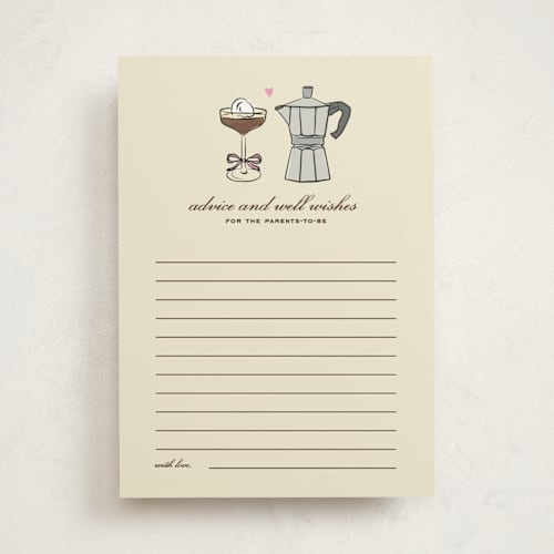 This is a cream baby shower game activity cards with standard by Jennifer Lew called espresso printing on signature in standard