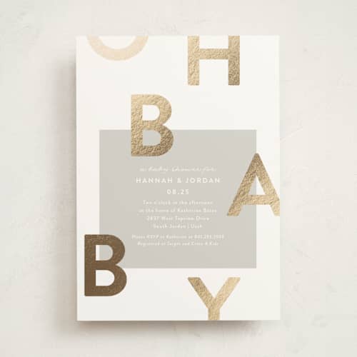 This is a pebble foil stamped baby shower invitations with foil pressed by Robert and Stella called mod baby printing on signature in standard