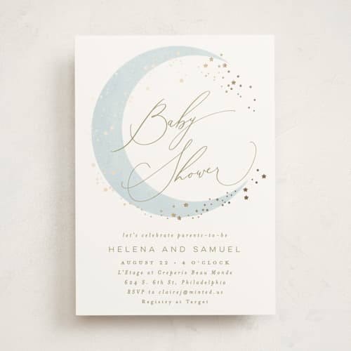 This is a mist foil stamped baby shower invitations with foil pressed by Everett Paper Goods called simple moon printing on signature in standard