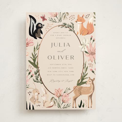 This is a sunshine foil stamped baby shower invitations with foil pressed by Teju Reval called woodland dreams printing on signature in standard