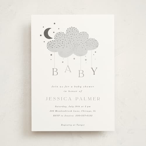 This is a slate foil stamped baby shower invitations with foil pressed by Marina Onoprienko called moon baby printing on signature in standard