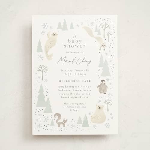 This is a seafoam foil stamped baby shower invitations with foil pressed by Jennifer Wick called arctic friends printing on signature in standard