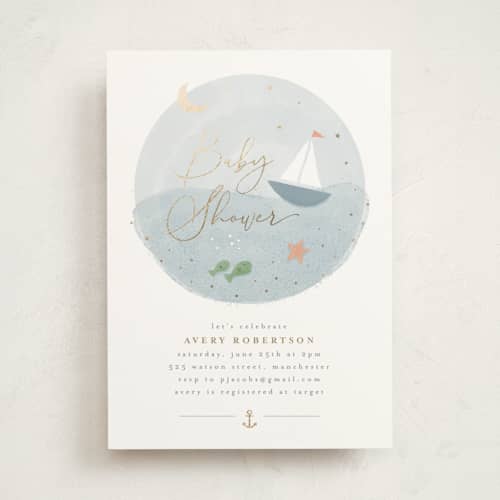 This is a pond foil stamped baby shower invitations with foil pressed by Jen Tips called set sail printing on signature in standard