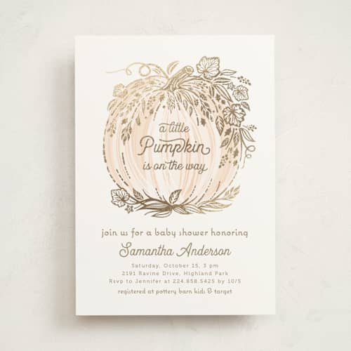 This is a peach foil stamped baby shower invitations with foil pressed by Paper Sun Studio called little pumpkin printing on signature in standard