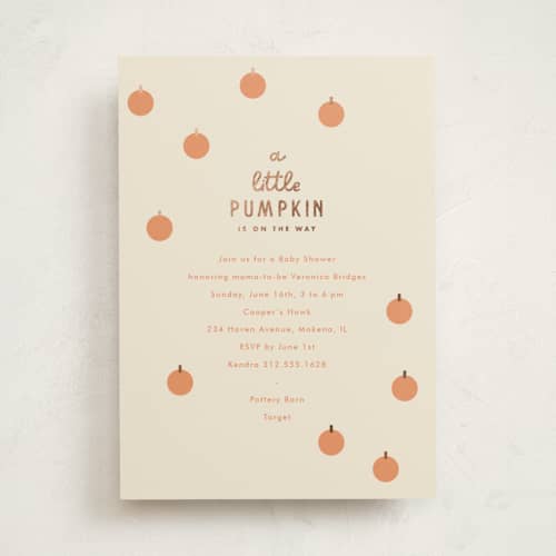 This is a pumpkin foil stamped baby shower invitations with foil pressed by Baumbirdy called a little pumpkin printing on signature in standard