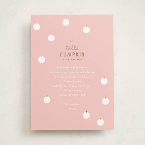 This is a bubblegum foil stamped baby shower invitations with foil pressed by Baumbirdy called a little pumpkin printing on signature in standard
