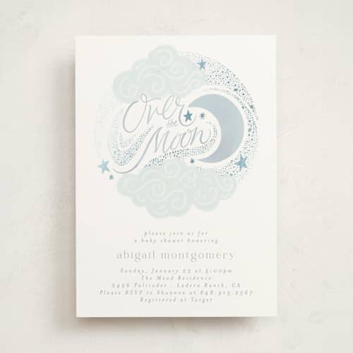 This is a celestial foil stamped baby shower invitations with foil pressed by Joanna Griffin called over the moon printing on signature in standard