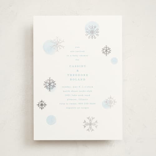 This is a glacier foil stamped baby shower invitations with foil pressed by Baumbirdy called snowflakes printing on signature in standard