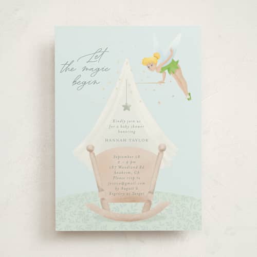 This is a sage foil stamped baby shower invitations with foil pressed by frau brandt called disney’s tinkerbell magic printing on signature in standard