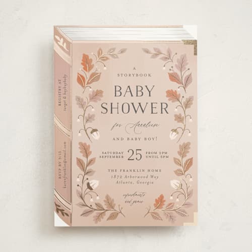 This is a auburn foil stamped baby shower invitations with foil pressed by Paper Raven Co. called fabled storybook printing on signature in standard